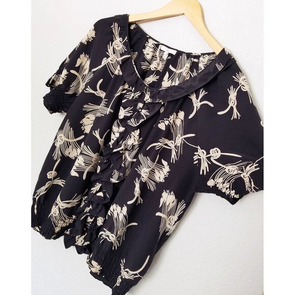 Joie Black Tan Beige Abstract Floral Ruffle 100% Silk Short Sleeve Blouse Top L - Picture 7 of 14